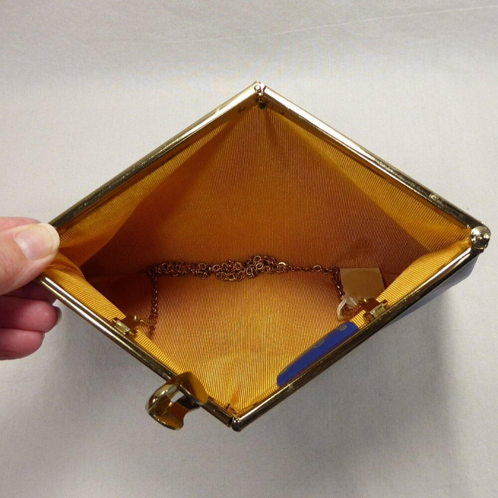 Vintage 50s 60s ETRA Navy Blue Leather Clutch Purse Evening Bag Gold Chain Strap - Picture 7 of 11